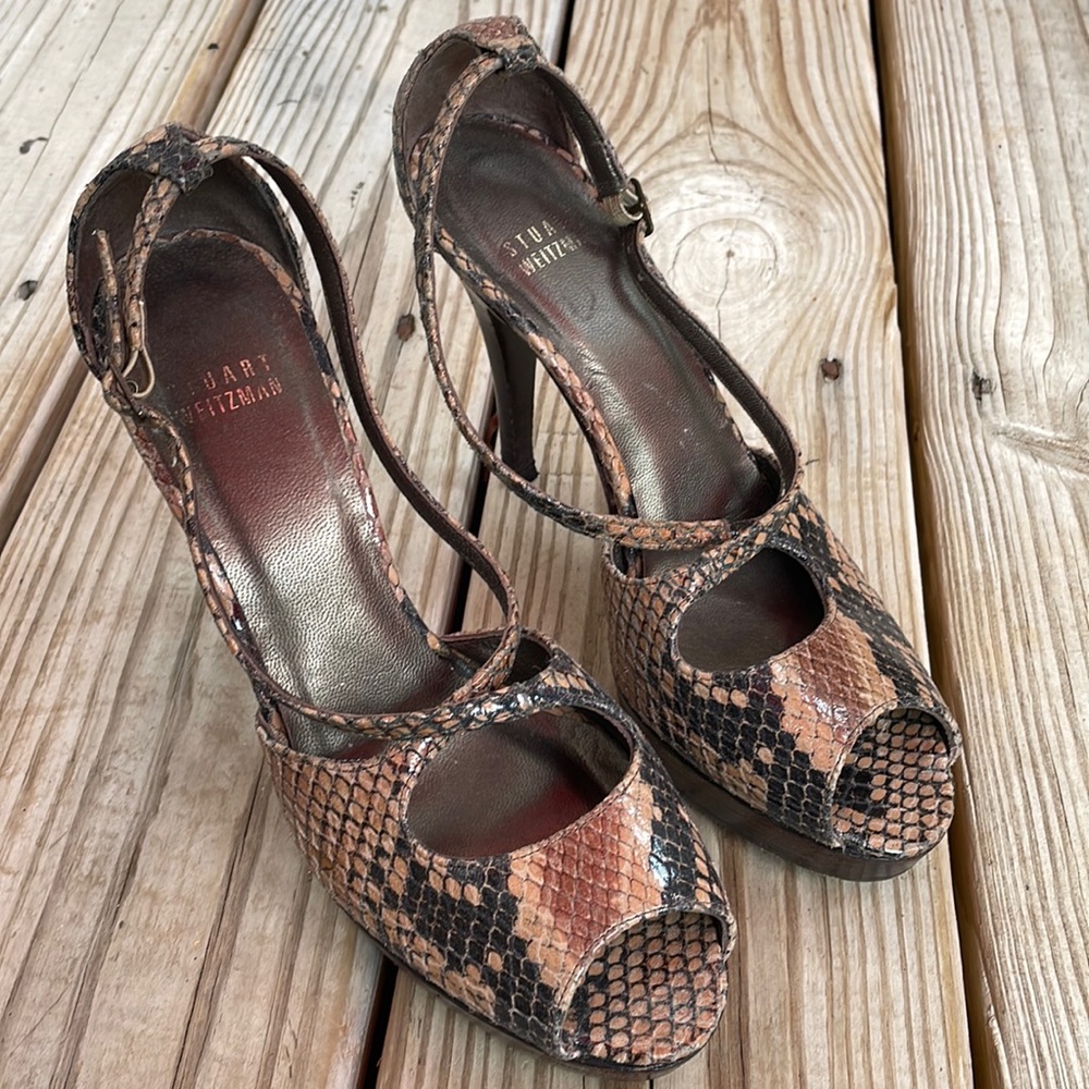 Stuart Weitzman Snakeskin Open-Toe Heels Size 6m - image 1